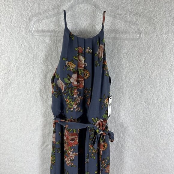 BCX NWT Womens M  Floral Blue Halter Maxi Slit Pleated Dress Belt Sheer Overlay - Picture 8 of 16